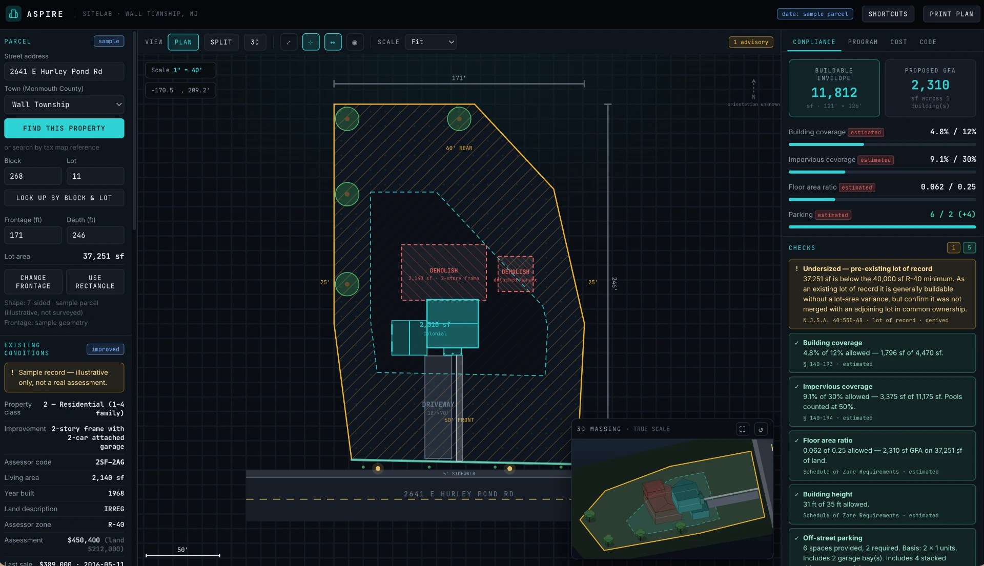 Aspire site-planning workspace showing a parcel plan for a Wall Township, NJ property with setbacks, demolition overlays, a 3D massing preview and a zoning compliance panel