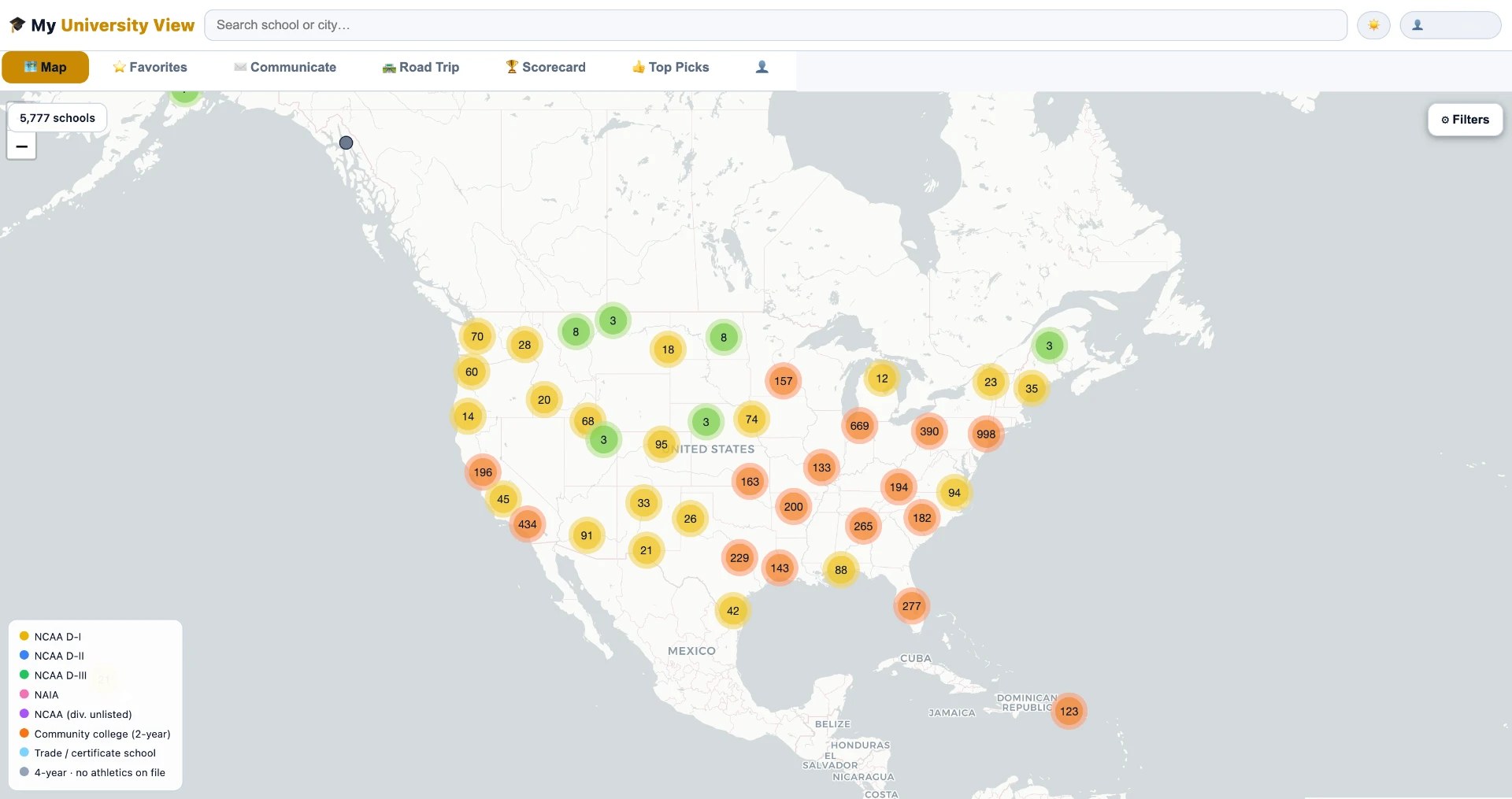 My University View interactive map of 5,777 US colleges with clustered school counts and NCAA division legend